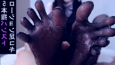 The office lady used five-finger black stockings and lotion for footjob. Japanese amateur couple【souai】