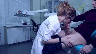 A hot dentist with glasses sucking cock. Cum in mouth